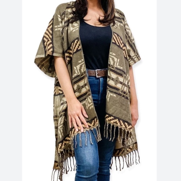 Classic Southwestern Aztec Poncho Wrap Sweater OS - Picture 2 of 8